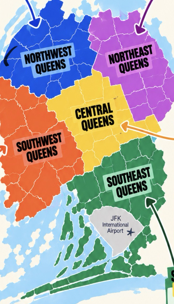 Queens map showing Northwest, Northeast, Central, Southwest, and Southeast Queens